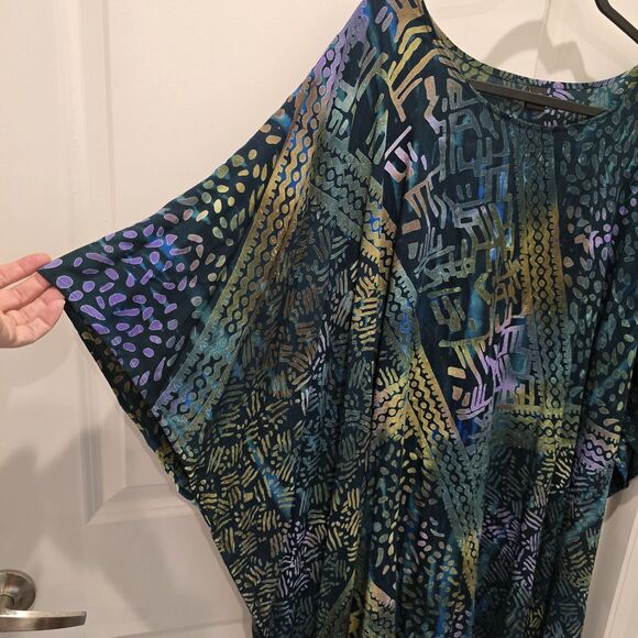 Van Klee Blue Green Gold Asian Style Batik Kaftan Tunic 100% Rayon OS/Plus BoHo - Picture 4 of 7